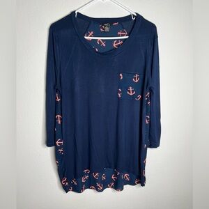 Rue 21 Womens XLarge Top With 3/4 Sleeves Blue With Beautiful Anchor Print